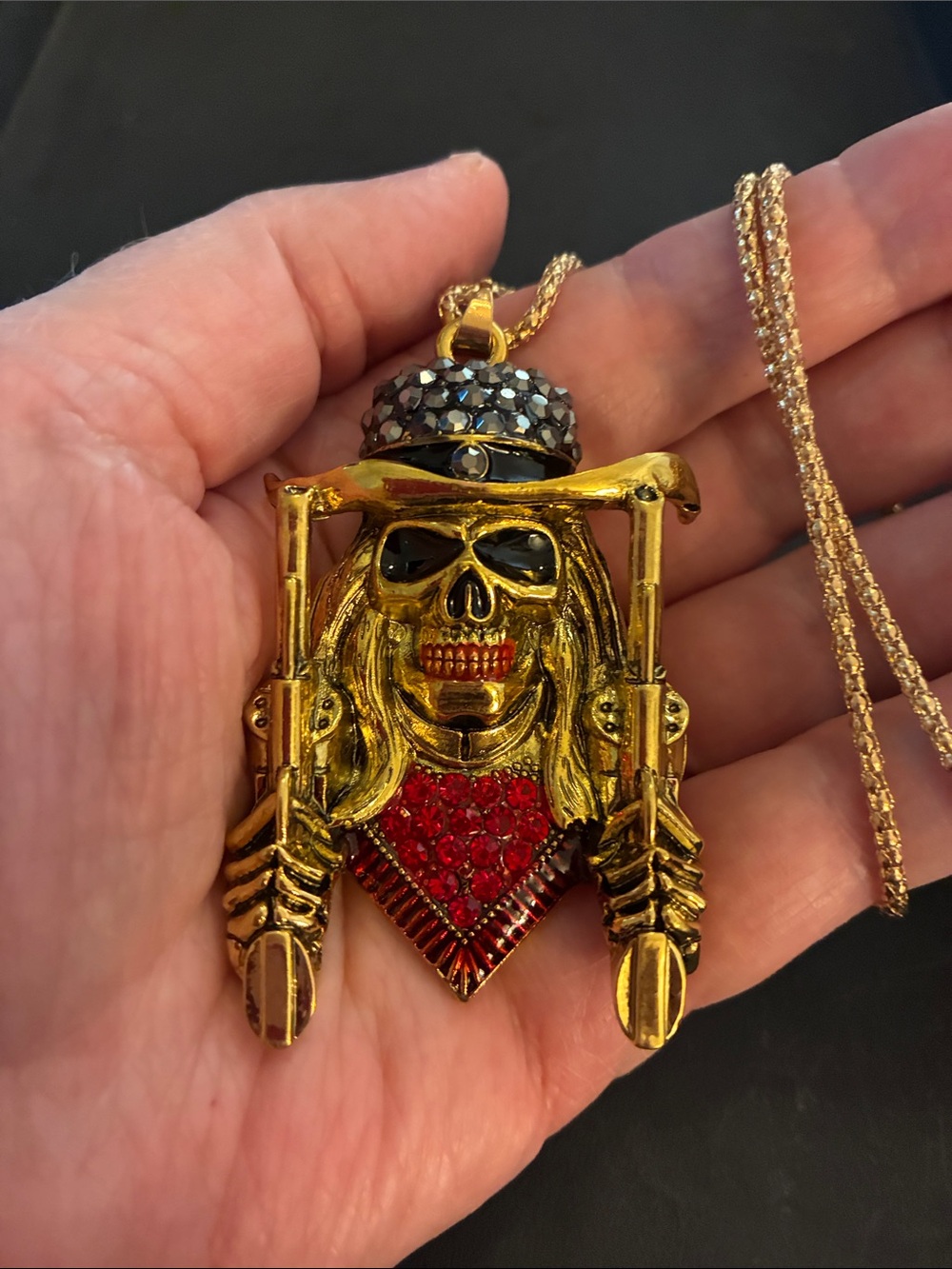 Skull Pendant Necklace with Red Crystal Chest and Black Crystals On His Head - Picture 2 of 8